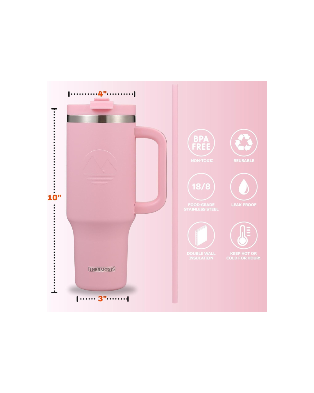 Tumbler with Handle and Straw | Leakproof Tumbler with Straw Insulated Travel Mug Fits Cupholders | Insulated Cup 40 oz Water Bottle with Straw Stainless Steel Tumbler - Pink