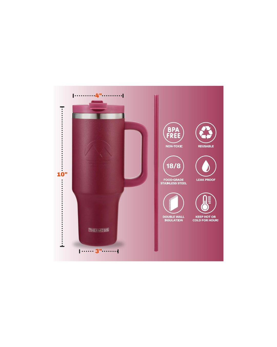 Tumbler with Handle and Straw | Leakproof Tumbler with Straw Insulated Travel Mug Fits Cupholders | Insulated Cup 40 oz Water Bottle with Straw Stainless Steel Tumbler - Red