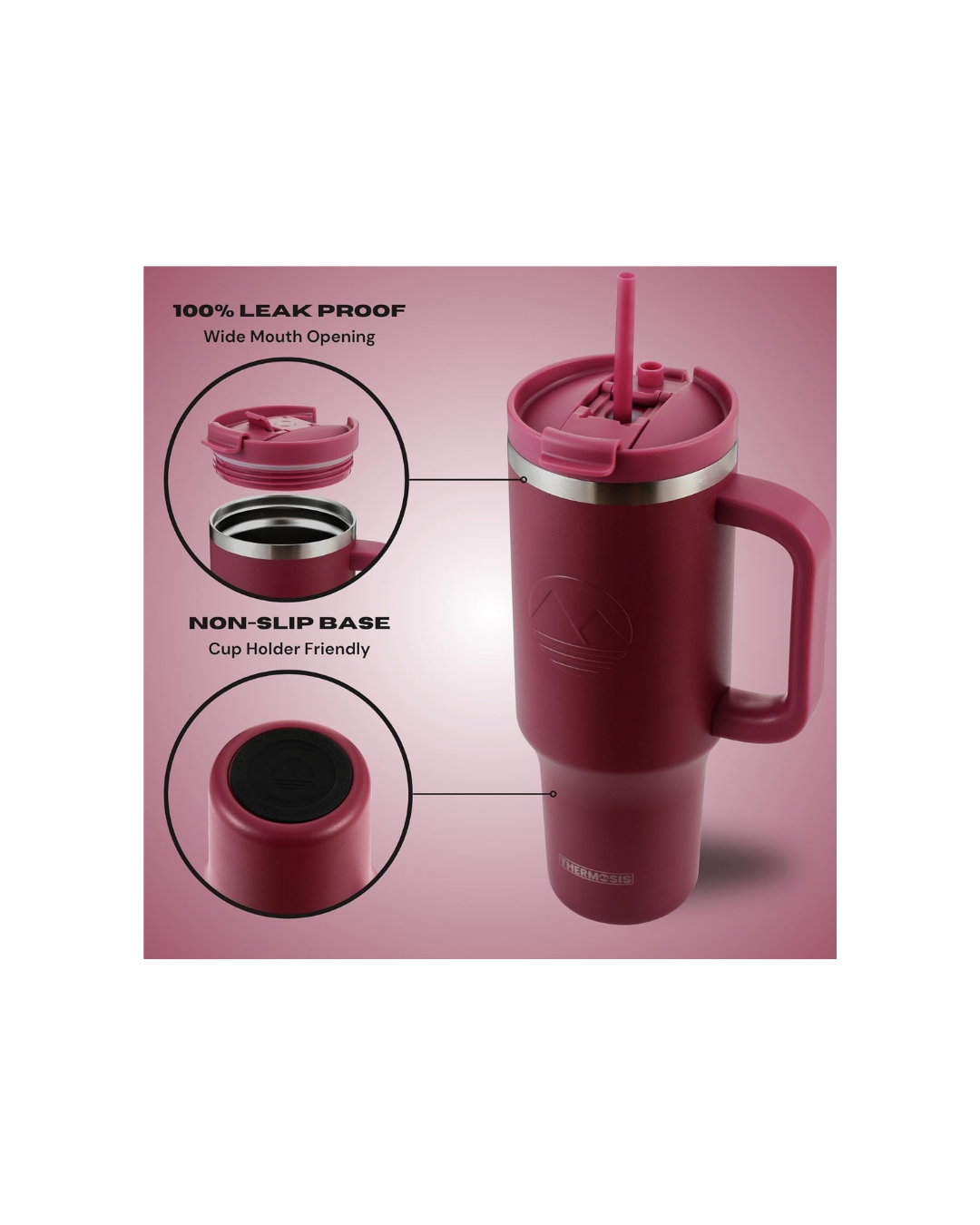 Tumbler with Handle and Straw | Leakproof Tumbler with Straw Insulated Travel Mug Fits Cupholders | Insulated Cup 40 oz Water Bottle with Straw Stainless Steel Tumbler - Red