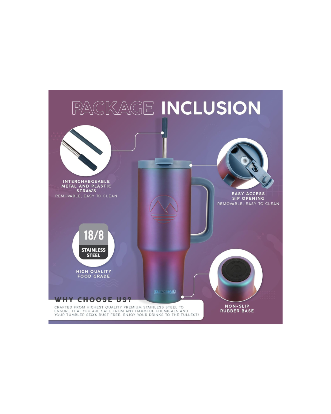 Tumbler with Handle and Straw | Leakproof Tumbler with Straw Insulated Travel Mug Fits Cupholders | Insulated Cup 40 oz Water Bottle with Straw Stainless Steel Tumbler - Violet