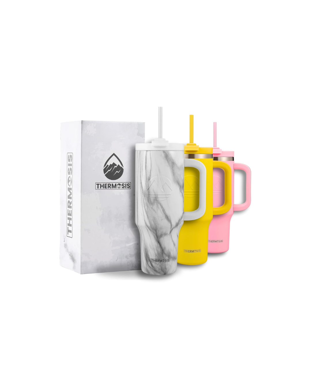 Tumbler with Handle and Straw | Leakproof Tumbler with Straw Insulated Travel Mug Fits Cupholders | Insulated Cup 40 oz Water Bottle with Straw Stainless Steel Tumbler - White Marble