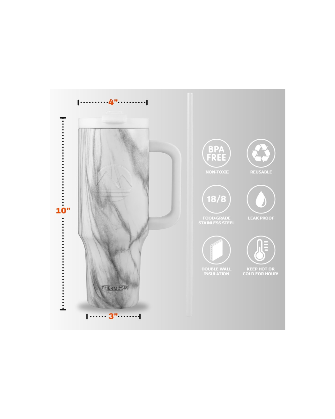 Tumbler with Handle and Straw | Leakproof Tumbler with Straw Insulated Travel Mug Fits Cupholders | Insulated Cup 40 oz Water Bottle with Straw Stainless Steel Tumbler - White Marble