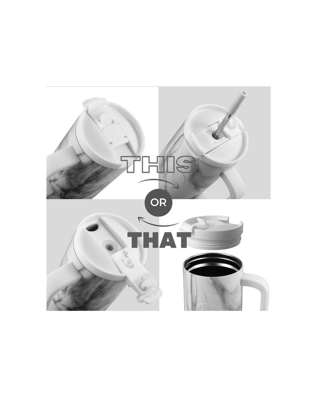 Tumbler with Handle and Straw | Leakproof Tumbler with Straw Insulated Travel Mug Fits Cupholders | Insulated Cup 40 oz Water Bottle with Straw Stainless Steel Tumbler - White Marble