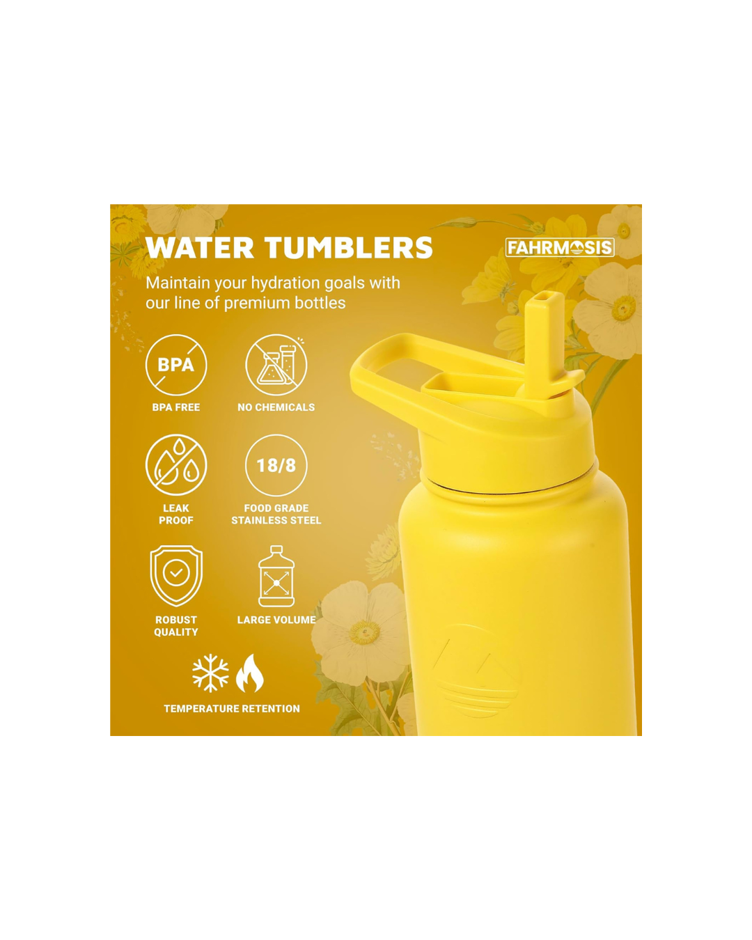 FAHRMOSIS 40 OZ Water Bottle with Straw | Insulated Water Bottle Water Jug Includes 3 Lids Water Bottles | Stainless Steel Water Bottle for Men & Women - Yellow