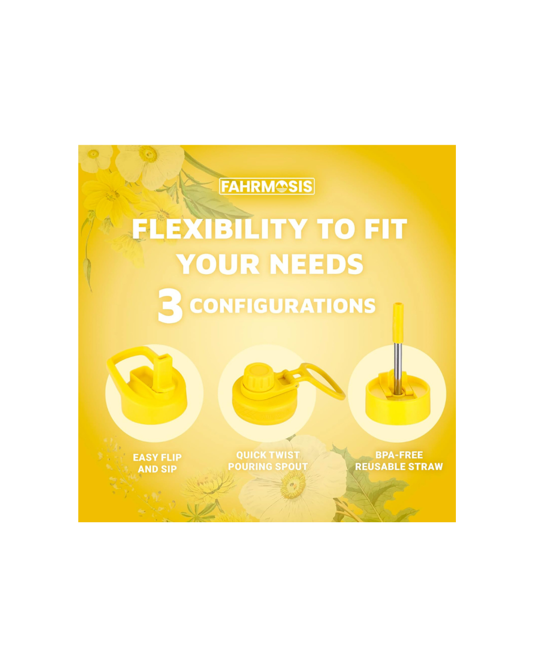 FAHRMOSIS 40 OZ Water Bottle with Straw | Insulated Water Bottle Water Jug Includes 3 Lids Water Bottles | Stainless Steel Water Bottle for Men & Women - Yellow