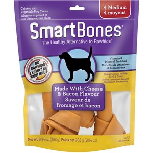 SMARTBONES 4 MEDIUM BONES NO RAWHIDE MADE WITH CHEESE & BACON FLAVOR CONTAINS VITAMIN & MINERAL ENRICHED HELPS MAINTAIN HEALTY TEETH & GUMS 282G