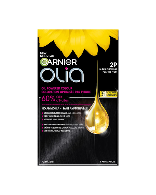 Garnier Olia Permanent Hair Dye, Ammonia-Free Hair Color, 2P Black Platinum, Long-Lasting Hair Shine With 60% Oils, 1 Application