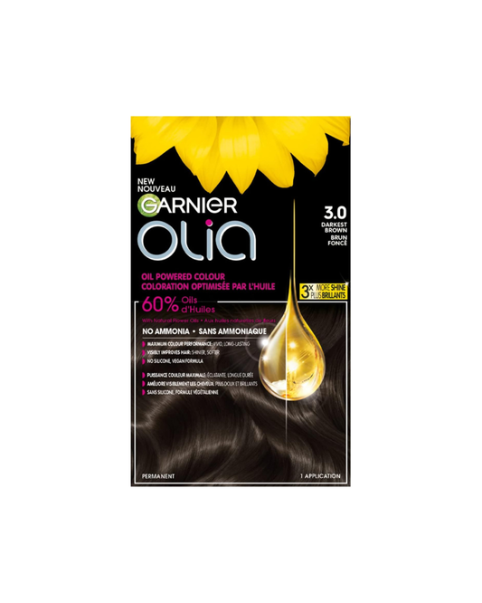 Garnier Olia Permanent Hair Dye For Women, Ammonia Free Color, Grey Coverage, Long Lasting Shine with 60% Oils, Vegan, Cruelty Free, 3.0 Darkest Brown, 1 Application