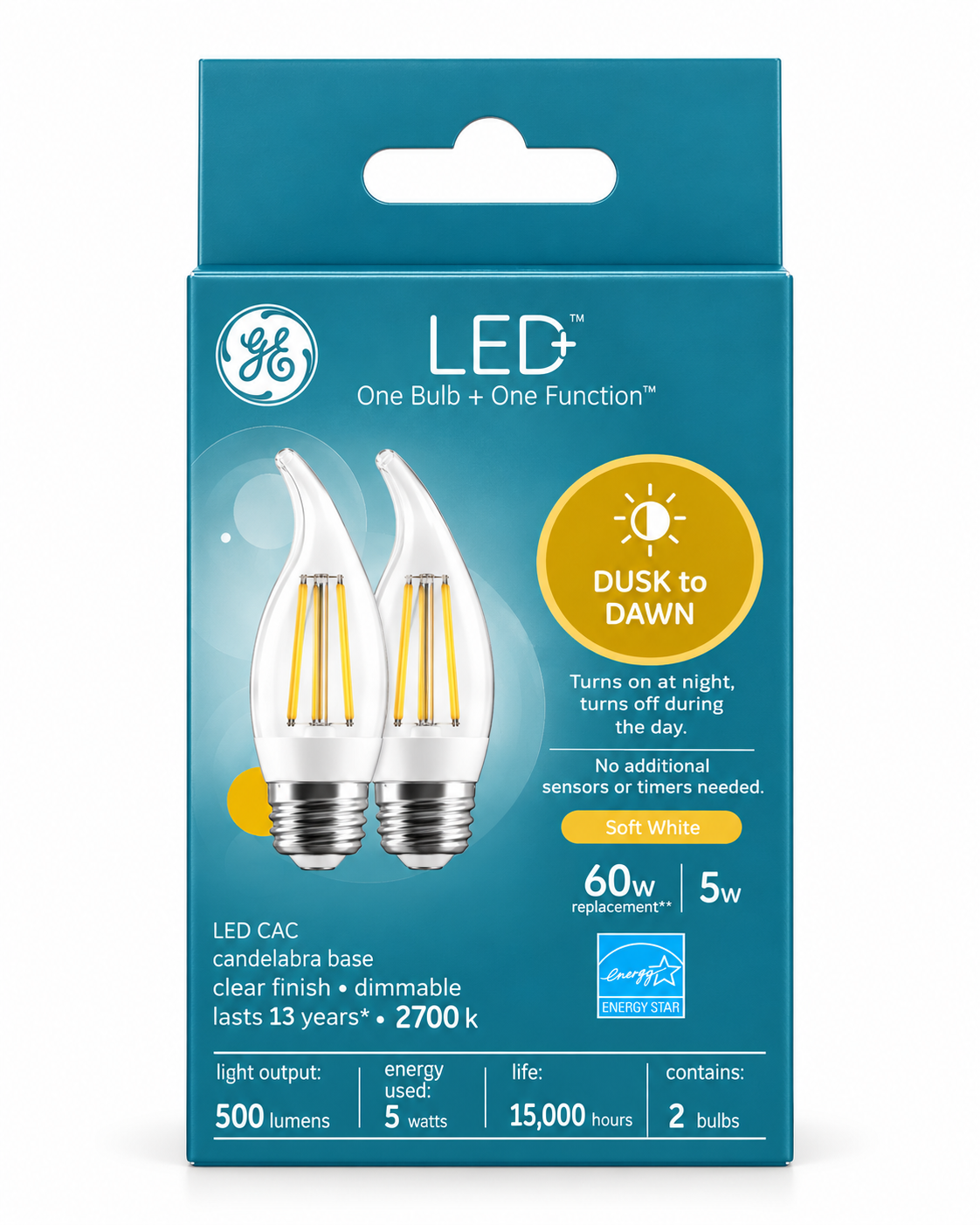 GE Lighting LED+ Dusk to Dawn Outdoor Light Bulbs, 60W Replacement, Soft White, Medium Base, 2-Pack
