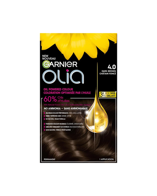 Garnier Olia Permanent Hair Dye For Women, Ammonia Free Color , Grey Coverage, Long Lasting Shine with 60% Oils, Vegan, Cruelty Free, 4.0 Dark Brown, 1 Application