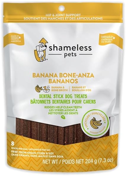 SHAMELESS PETS BANANA BONE DENTLE STICKS DOG TREATS 204G