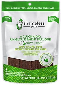 SHAMELESS PETS A CLUCK A DAY CHICKEN & APPLE DENTAL STICKS DOG TREATS 204G