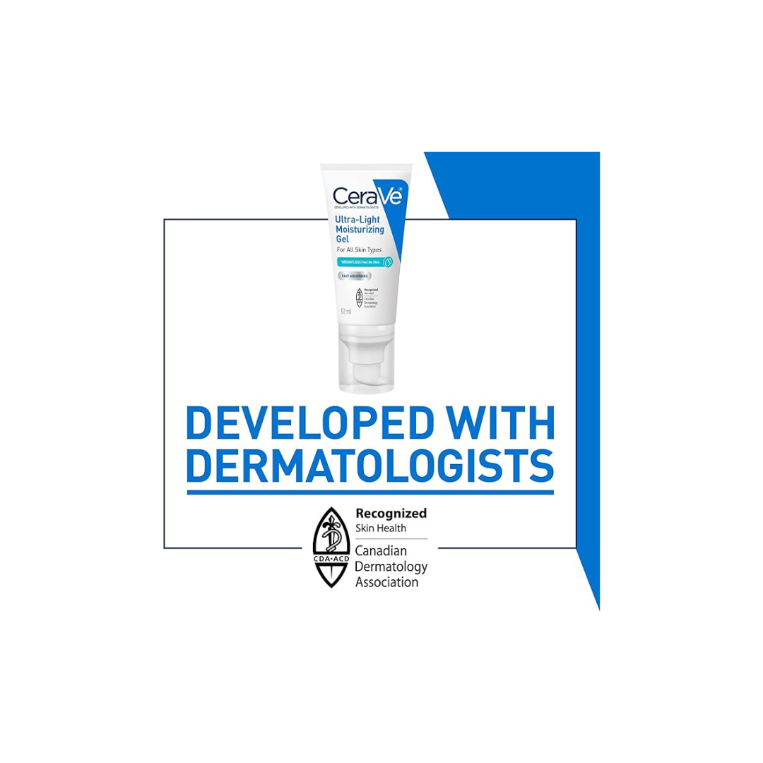 CeraVe Ultra-Light Moisturizing Gel, Lightweight Face Moisturizer with Ceramides, Niacinamide, Hyaluronic Acid, Fragrance-Free, Dermatologist Recommended, 52 ML