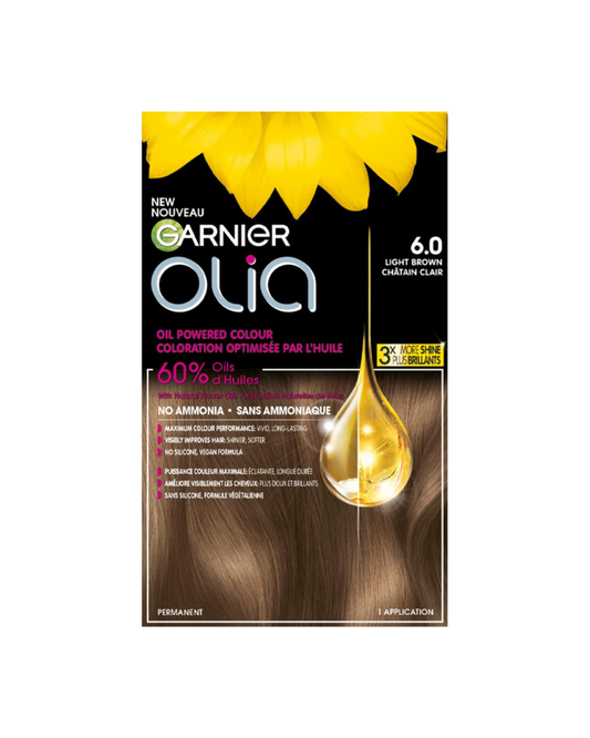 Garnier Olia Permanent Hair Dye, Ammonia-Free Hair Color, 6.0 Light Brown, Long-Lasting Hair Shine With 60% Oils, 1 Application