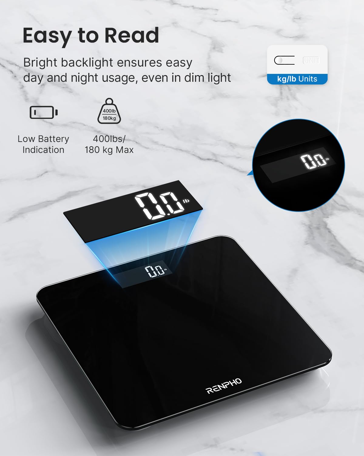 RENPHO Digital Body Weight Bathroom Scale, Highly Accurate Core 1S Scale for Body Weight with Lighted LED Display, Large Rounded Corner Design, 400 lb, Size:10.2'' x 10.2'