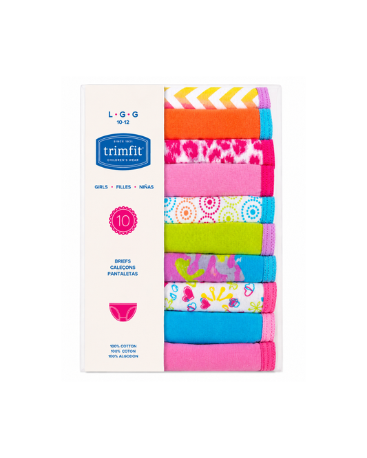TRIMFIT Girls' 100% Cotton Colorful Hipster Panties – Pack of 10(Large)