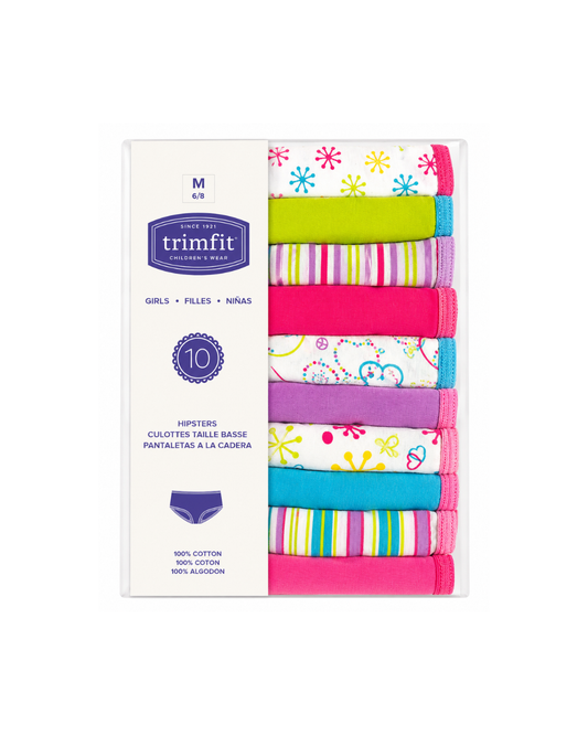 TRIMFIT Girls' 100% Cotton Colorful Hipster Panties – Pack of 10,