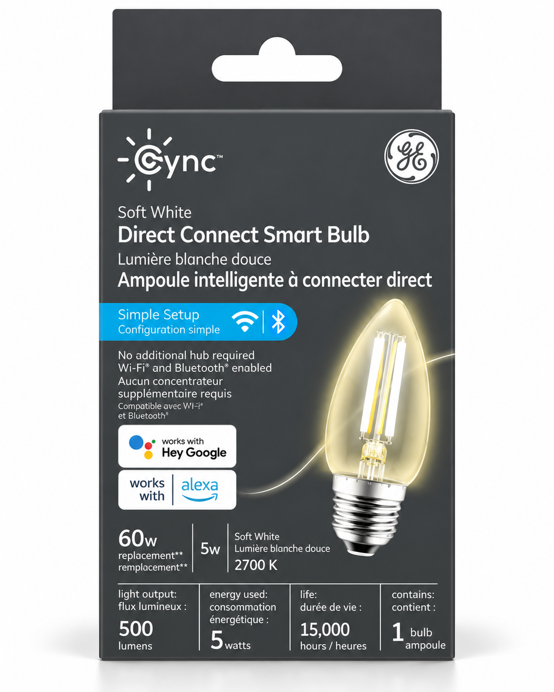 GE Cync Soft White Direct Connect Smart LED Decorative Bulb, 60W Replacement, Bluetooth & Wi-Fi Enabled, Medium Base, 1-Pack