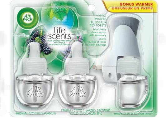 AIR WICK AIR FRESHNER FORST WATERS 3 PACK REFILLS WITH PLUG IN WARMER SET