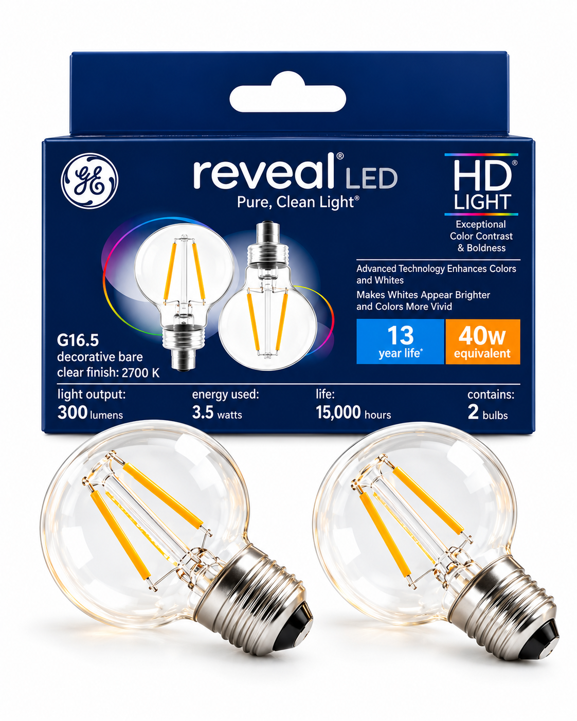 GE Reveal HD 40W G16.5 Decorative Light Bulbs – 2 Pack