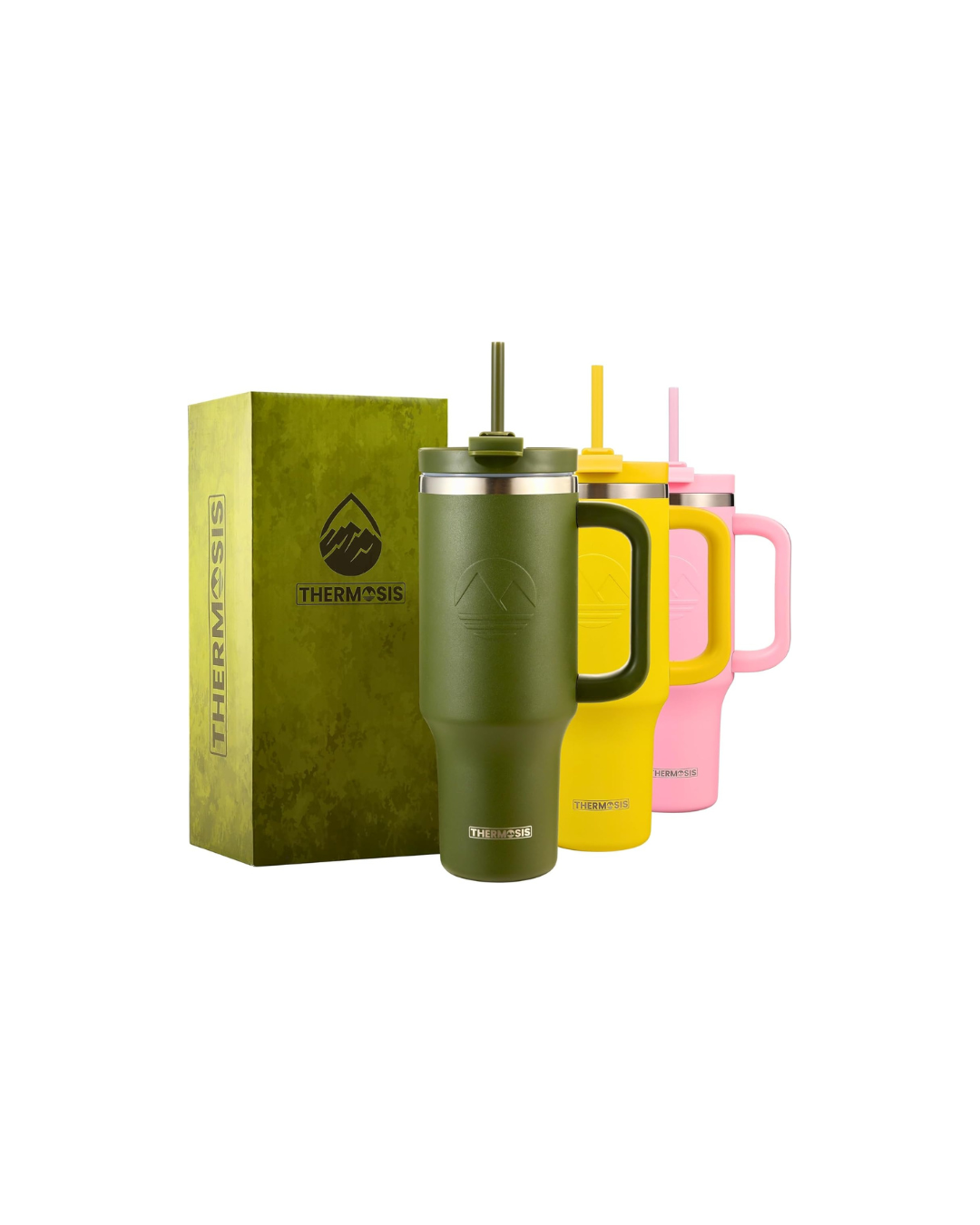 Tumbler with Handle and Straw | Leakproof Tumbler with Straw Insulated Travel Mug Fits Cupholders | Insulated Cup 40 oz Water Bottle with Straw Stainless Steel Tumbler - Army Green