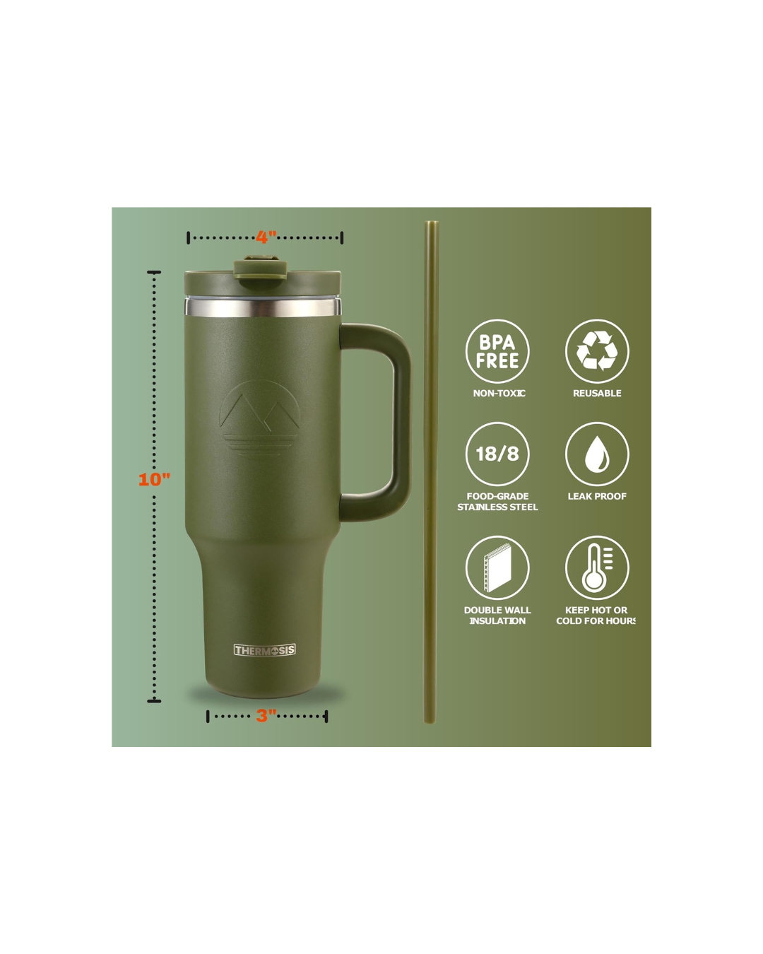Tumbler with Handle and Straw | Leakproof Tumbler with Straw Insulated Travel Mug Fits Cupholders | Insulated Cup 40 oz Water Bottle with Straw Stainless Steel Tumbler - Army Green