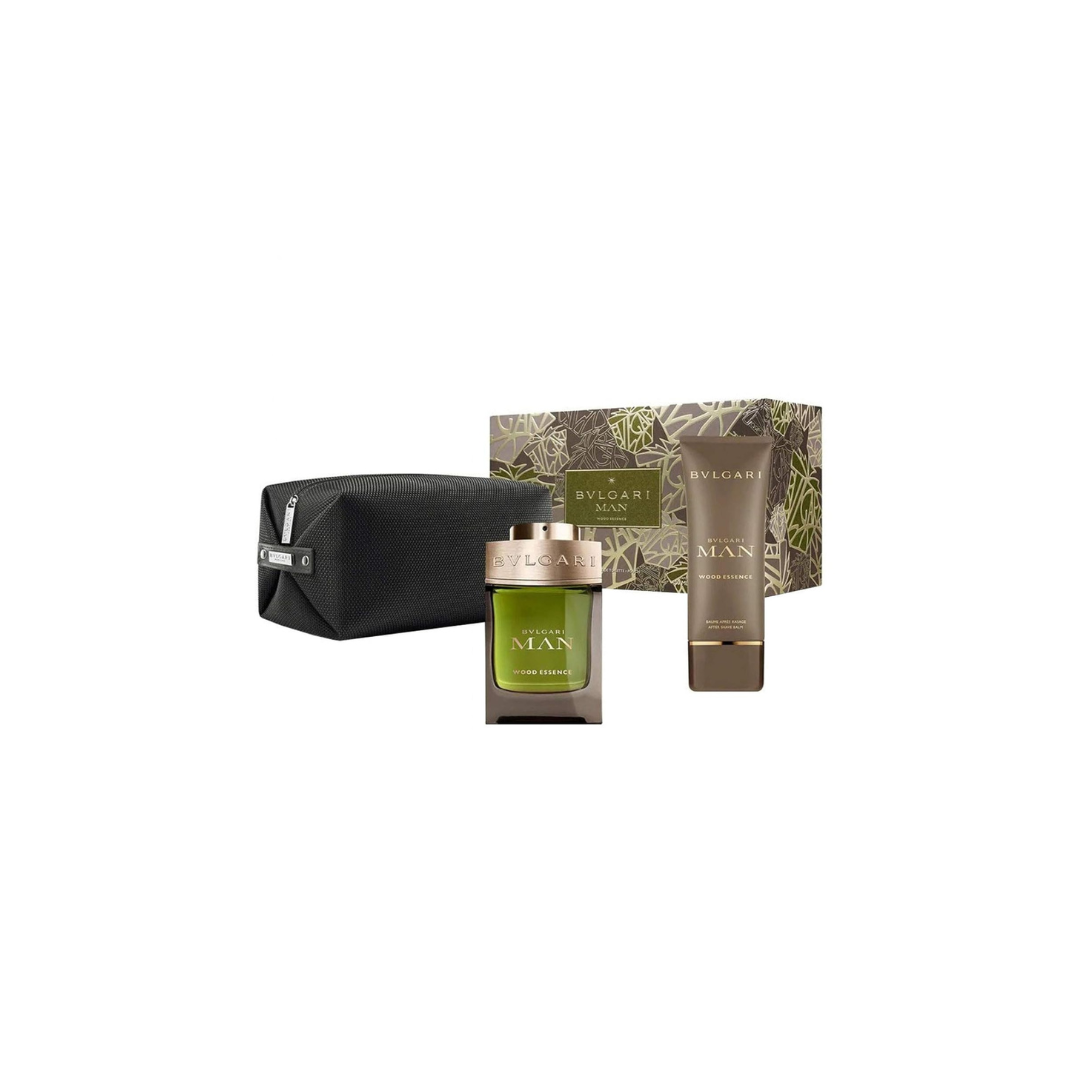 BVLGARI MAN WOOD ESSENCE by BVLGARI 3 PIECE GIFT SET - 3.4 OZ EAU DE PARFUM SPRAY 3.4 OZ AFTER SHAVE BALM TROUSSE DE TOILETTE POUCH MEN