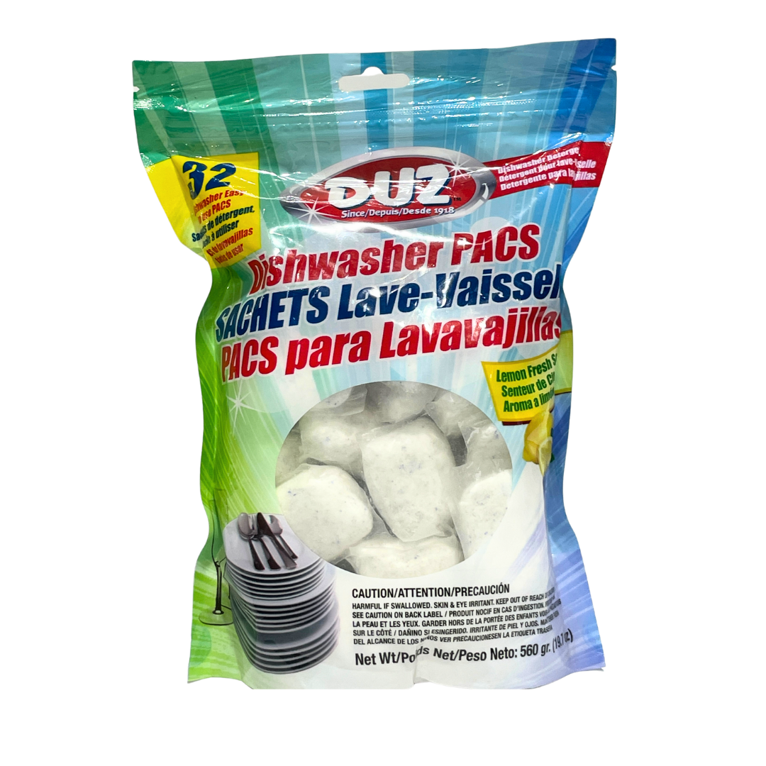 DUZ 32 COUNT DISHWASHER TABLETS LEMON FRESH SCENT 560G BAG ( LEAVES YOUR DISHES CLEAN & SHINING)