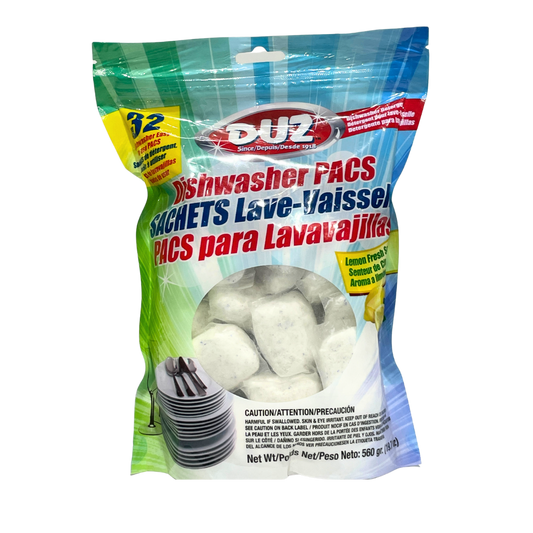 DUZ 32 COUNT DISHWASHER TABLETS LEMON FRESH SCENT 560G BAG ( LEAVES YOUR DISHES CLEAN & SHINING)