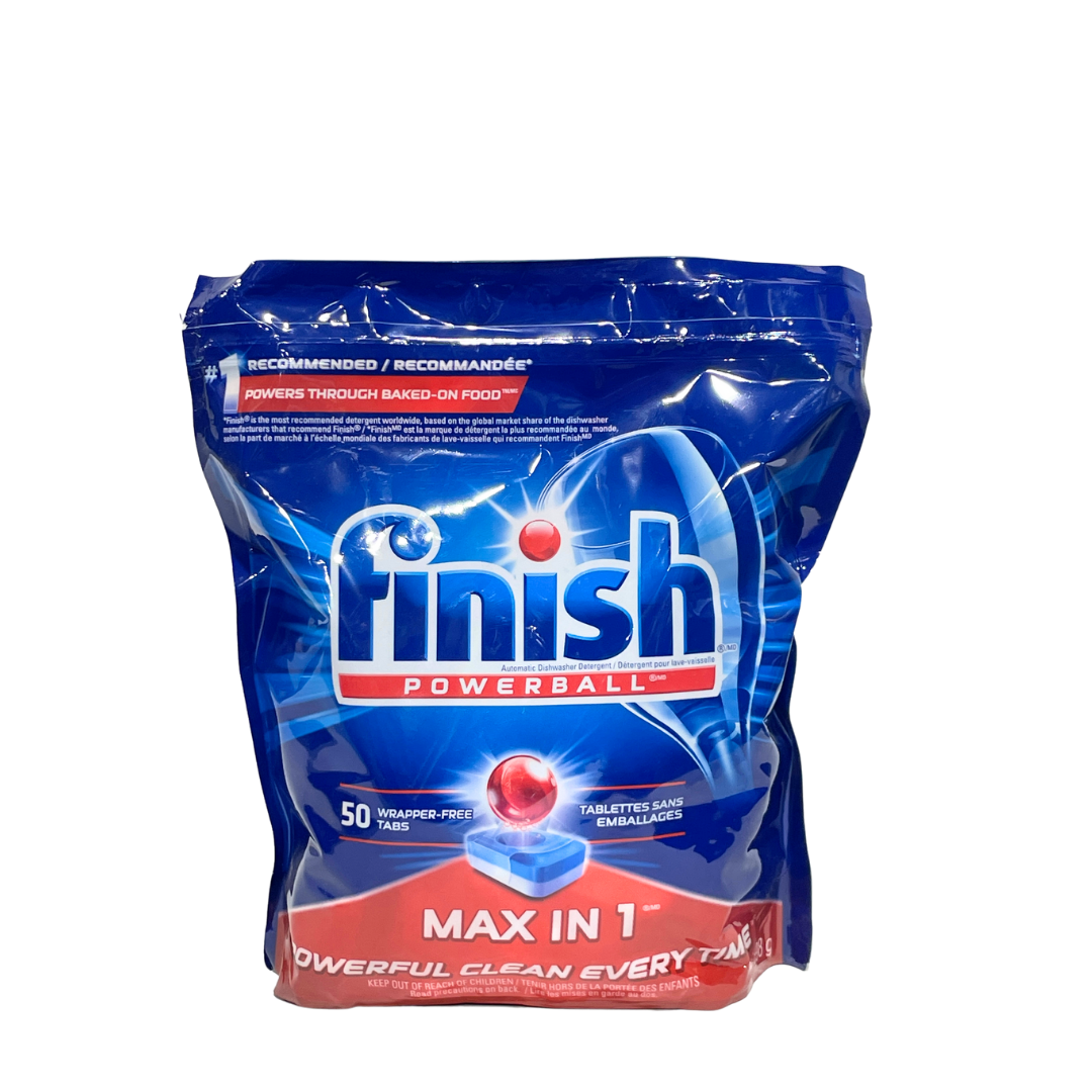 FINISH POWERBALL MAX IN 1 POWERFUL CLEAN EVERY TIME WRAPPER FREE TABLETS POWERS TOUGH BAKED ON FOOD 50 TABS