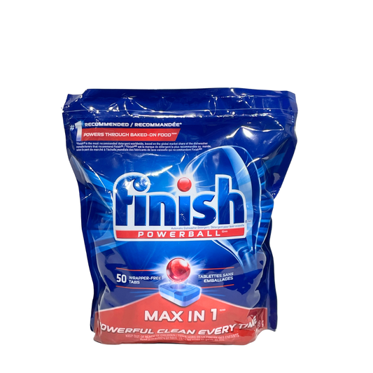 FINISH POWERBALL MAX IN 1 POWERFUL CLEAN EVERY TIME WRAPPER FREE TABLETS POWERS TOUGH BAKED ON FOOD 50 TABS