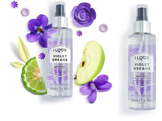 I LOVE Violet Dreams Scented Body Mist - Body Mist Fragrance - Long Lasting Body Spray with Natural Fruit Extracts - Bergamot and Rose - 5.1 oz