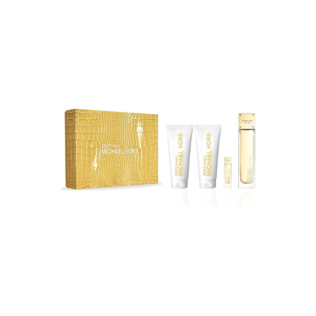 Michael Kors Sexy Amber 3.4oz EDP Spray, 0.17oz EDP Splash, Body Lotion, Shower Gel Women -4 Pc Gift Set
