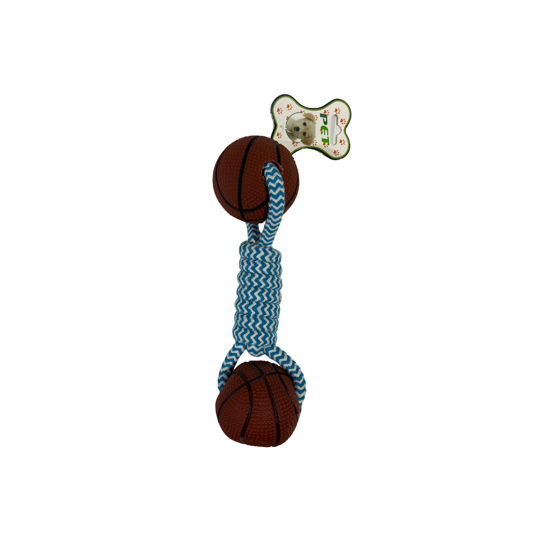 BASKET BALL DOGGY TUG & PULL ROPE WITH SQUEEZE BALLS