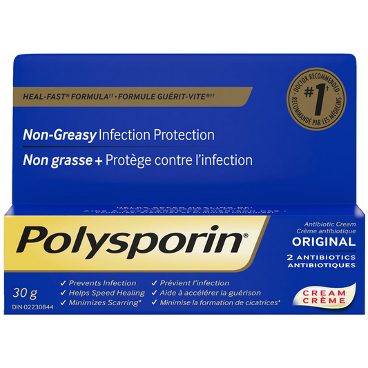 POLYSPORIN ORIGINAL 2 ANTIBIOTICS OINTMENT PREVENTS INFECTIONS, HELPS SPEED UP HEALING, & MINIMIZES SCARRING PLUS PAIN RELIEF 30G