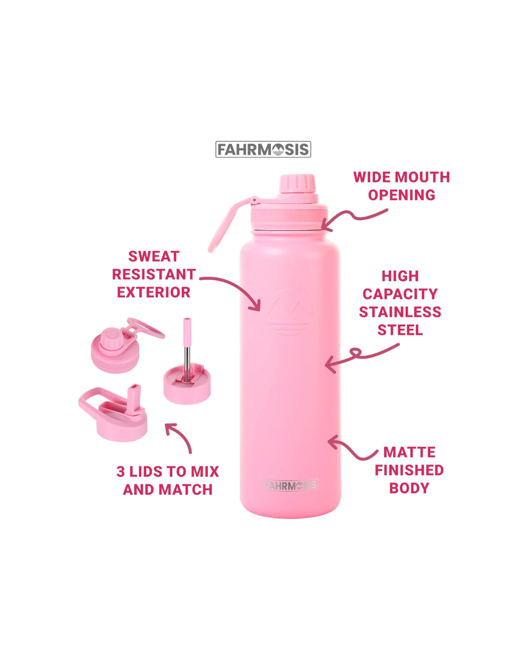FAHRMOSIS 40 OZ Water Bottle with Straw | Insulated Water Bottle Water Jug Includes 3 Lids Water Bottles | Stainless Steel Water Bottle for Men & Women - Pink