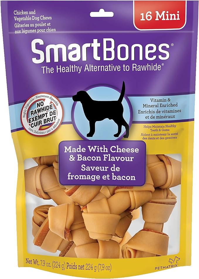 SMARTBONES 16 MINI BONES NO RAWHIDE MADE WITH CHEESE & BACON FLAVOR CONTAINS VITAMIN & MINERAL ENRICHED HELPS MAINTAIN HEALTY TEETH & GUMS 224G