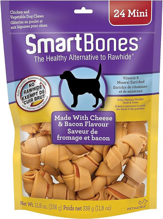 SMARTBONES 24 MINI BONES NO RAWHIDE MADE WITH CHEESE & BACON FLAVOR CONTAINS VITAMIN & MINERAL ENRICHED HELPS MAINTAIN HEALTY TEETH & GUMS 336G