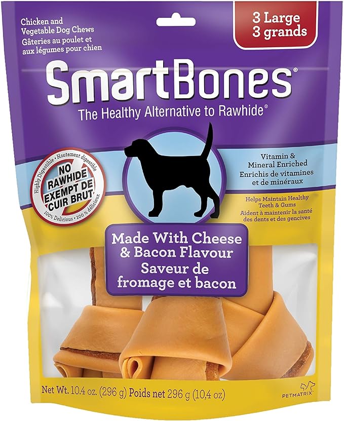 SMARTBONES 3 LARGE BONES NO RAWHIDE MADE WITH CHEESE & BACON FLAVOR CONTAINS VITAMIN & MINERAL ENRICHED HELPS MAINTAIN HEALTY TEETH & GUMS 296G