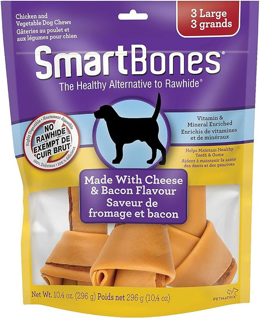 SMARTBONES 3 LARGE BONES NO RAWHIDE MADE WITH CHEESE & BACON FLAVOR CONTAINS VITAMIN & MINERAL ENRICHED HELPS MAINTAIN HEALTY TEETH & GUMS 296G