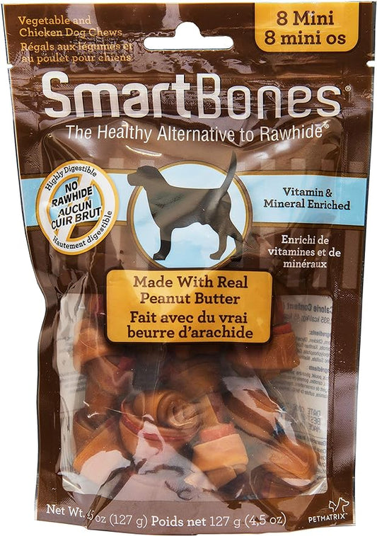 SMARTBONES THE HEALTHY ALTERNATIVE TO RAWHIDE MADE WITH REAL CHICKEN & VEGETABLE FLAVOURS & ENRICHED WITH VITAMIN AND MINERALS ( 8 MINI BONES ) PREMIUM QUALITY AND BRAND FOR DOGS TREATS AND FOOD 127G