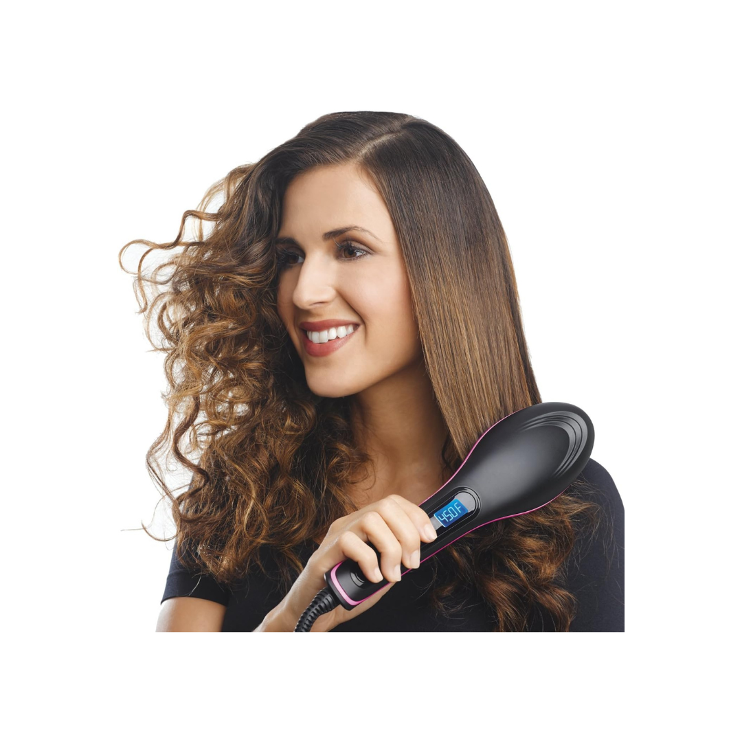 Simply Straight Ceramic Hair Straightening Brush, Black/Pink