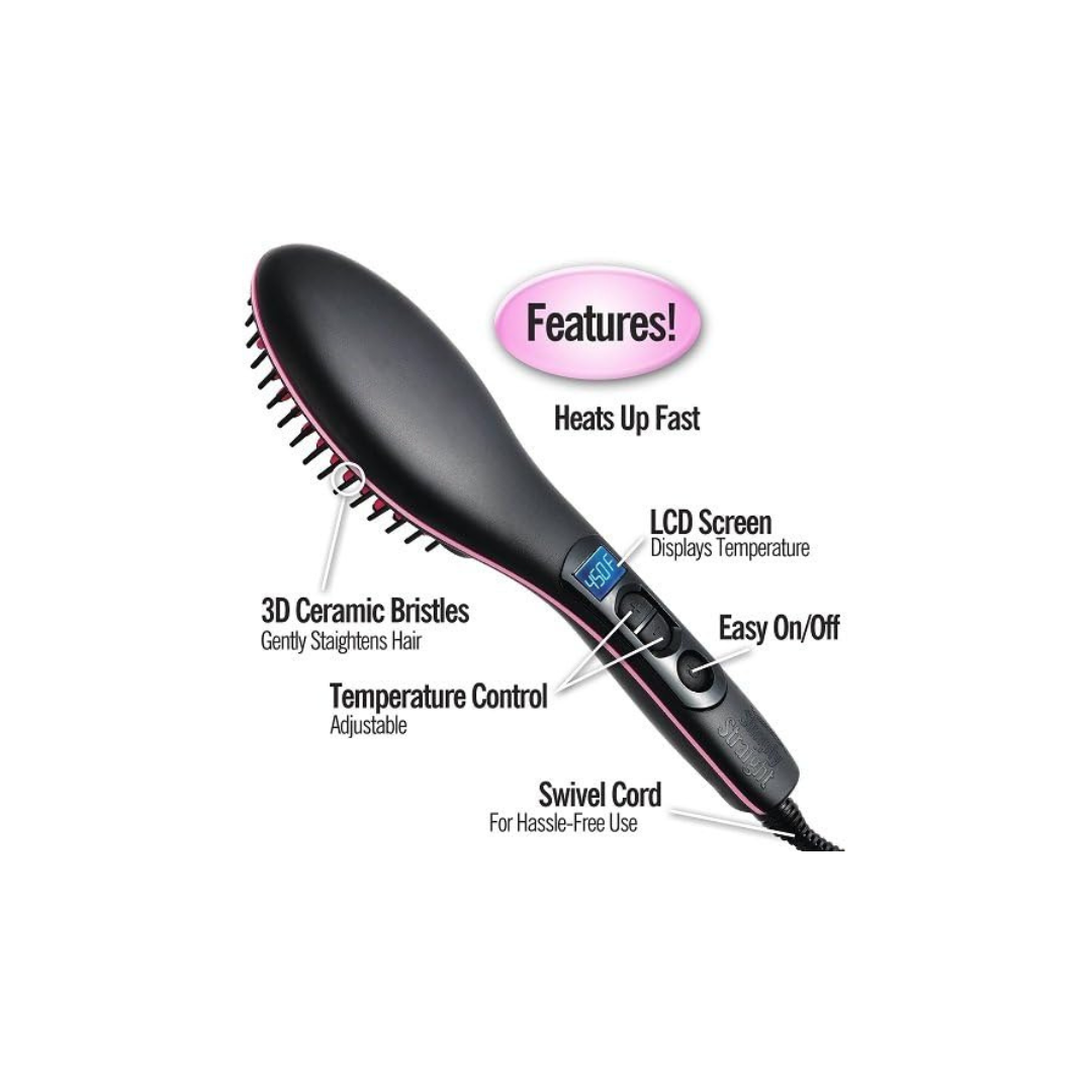 Simply Straight Ceramic Hair Straightening Brush, Black/Pink
