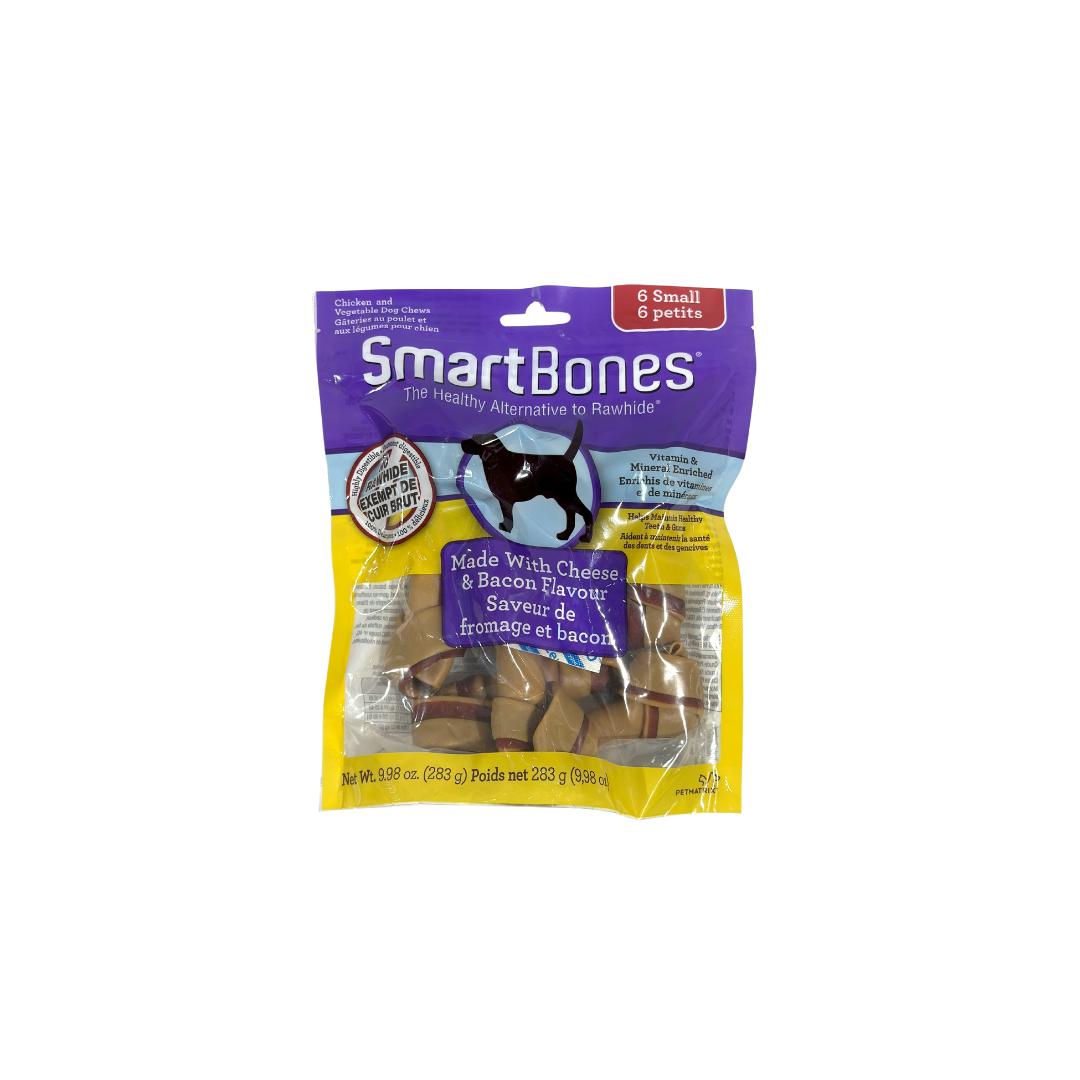 SMARTBONES 6 SMALL BONES NO RAWHIDE MADE WITH CHEESE & BACON FLAVOR CONTAINS VITAMIN & MINERAL ENRICHED HELPS MAINTAIN HEALTHY TEETH & GUMS 283G