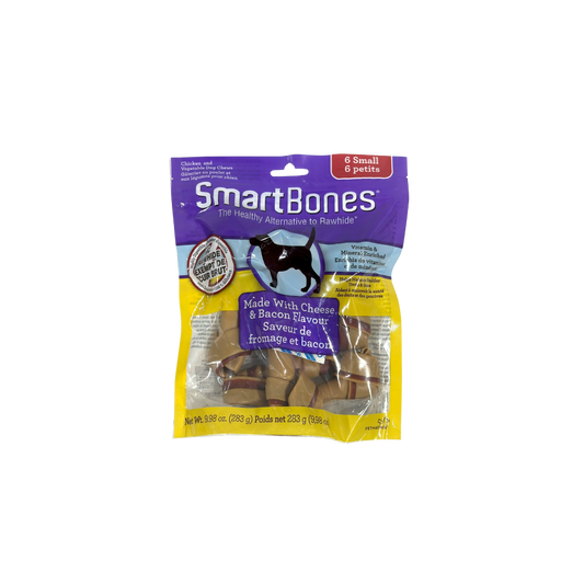 SMARTBONES 6 SMALL BONES NO RAWHIDE MADE WITH CHEESE & BACON FLAVOR CONTAINS VITAMIN & MINERAL ENRICHED HELPS MAINTAIN HEALTHY TEETH & GUMS 283G