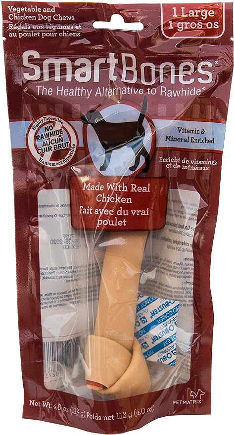 SMARTBONES THE HEALTHY ALTERNATIVE TO RAWHIDE MADE WITH REAL CHICKEN FLAVOUR & ENRICHED WITH VITAMIN AND MINERALS ( 1 LARGE BONE) PREMIUM QUALITY AND BRAND FOR DOGS TREATS AND FOOD