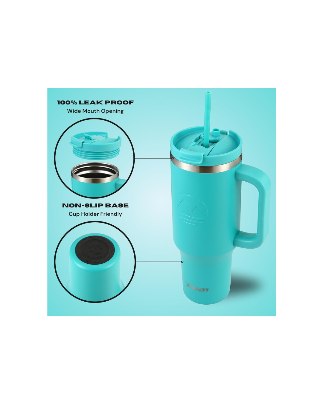Tumbler with Handle and Straw | Leakproof Tumbler with Straw Insulated Travel Mug Fits Cupholders | Insulated Cup 40 oz Water Bottle with Straw Stainless Steel Tumbler - Teal