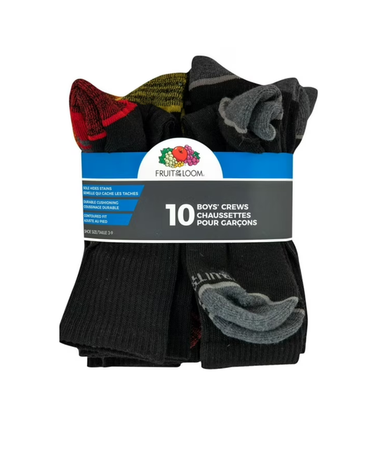 The Fruit of the Loom Boys Crew Socks Durable Cushioning  Shoe Sizes 3-9(L)