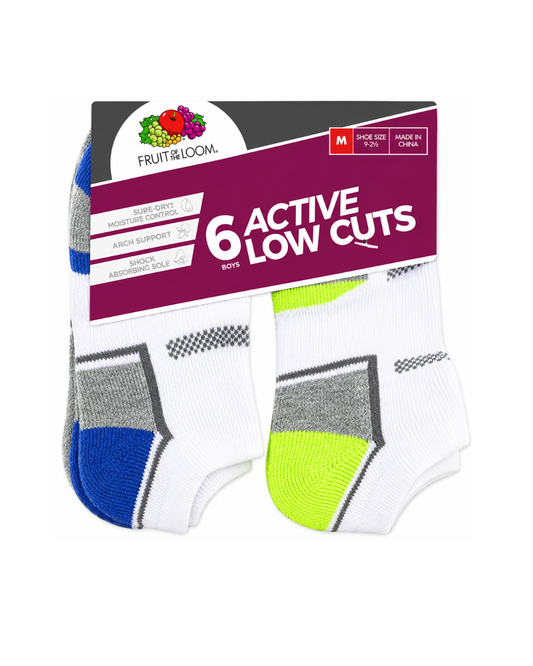 Fruit of the Loom Boys' Active Low Cut Socks – 6 Pack, Medium