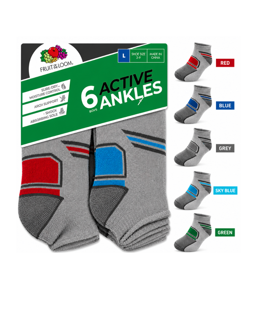 Fruit of the Loom Boys' Active Ankle Socks – 6 Pack, Large